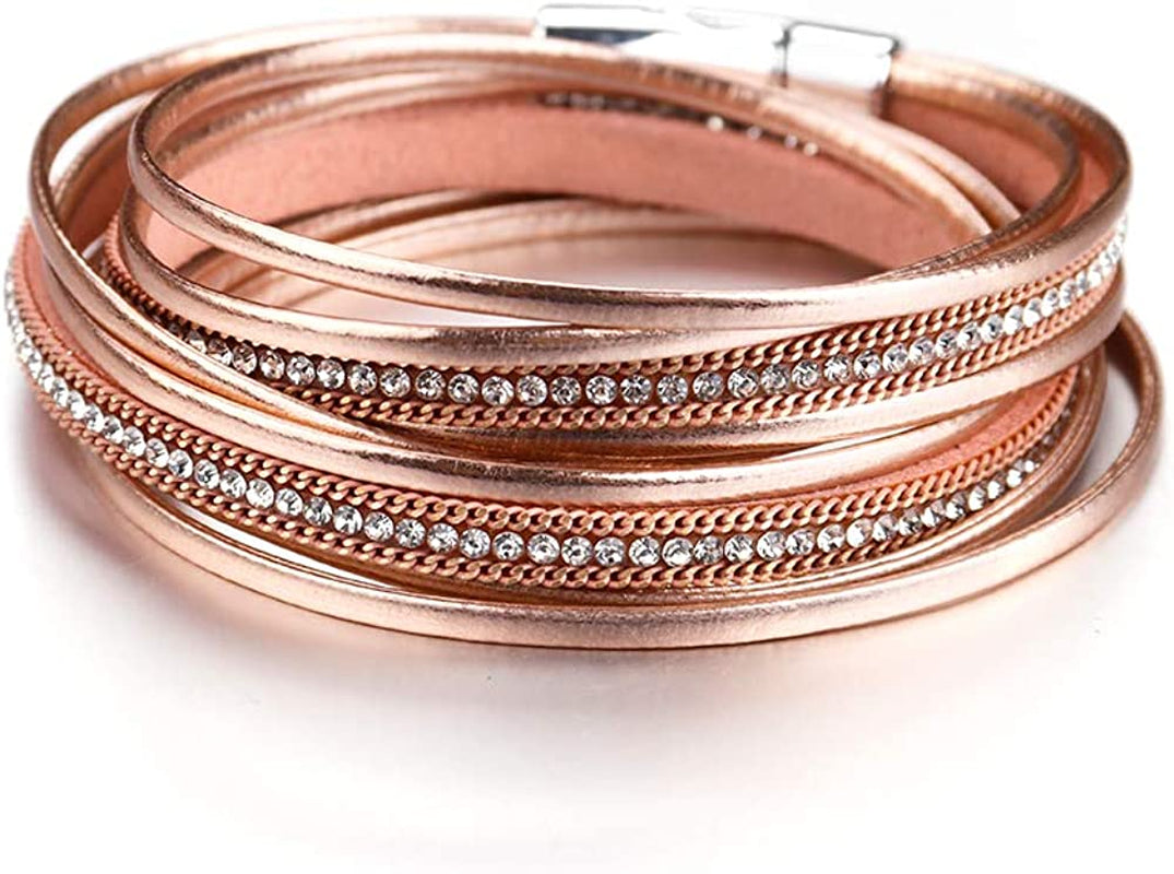 Fesciory Leather Wrap Bracelet for Women, Leopard Multi-Layer Magnetic Buckle Cuff Bracelet Jewelry Apparel & Accessories > Jewelry > Bracelets Fesciory B23-Champagne Rhinestone  
