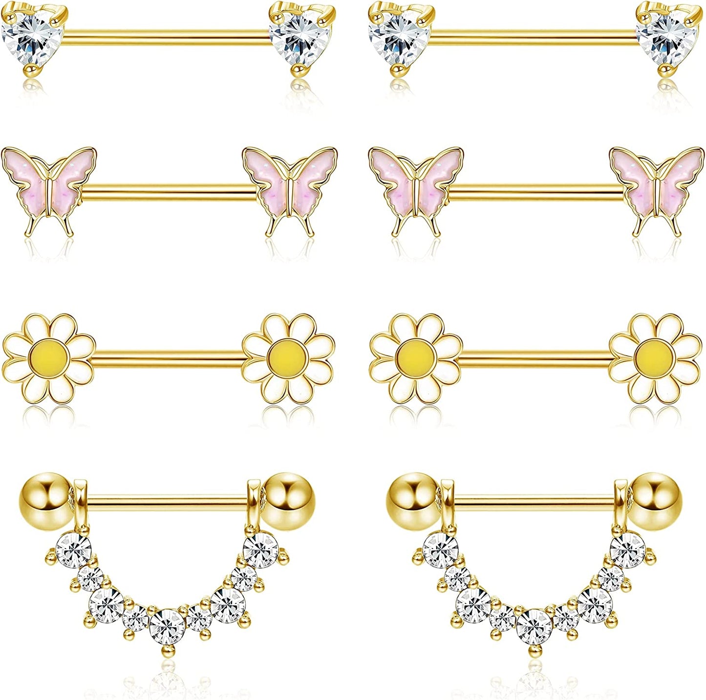 FINREZIO 4Pairs 14G Nipple Rings 316L Surgical Steel Flower Nipple Tongue Ring Barbell Piercing for Women Body Piercing Jewelry Apparel & Accessories > Jewelry > Body Jewelry FINREZIO Gold tone  