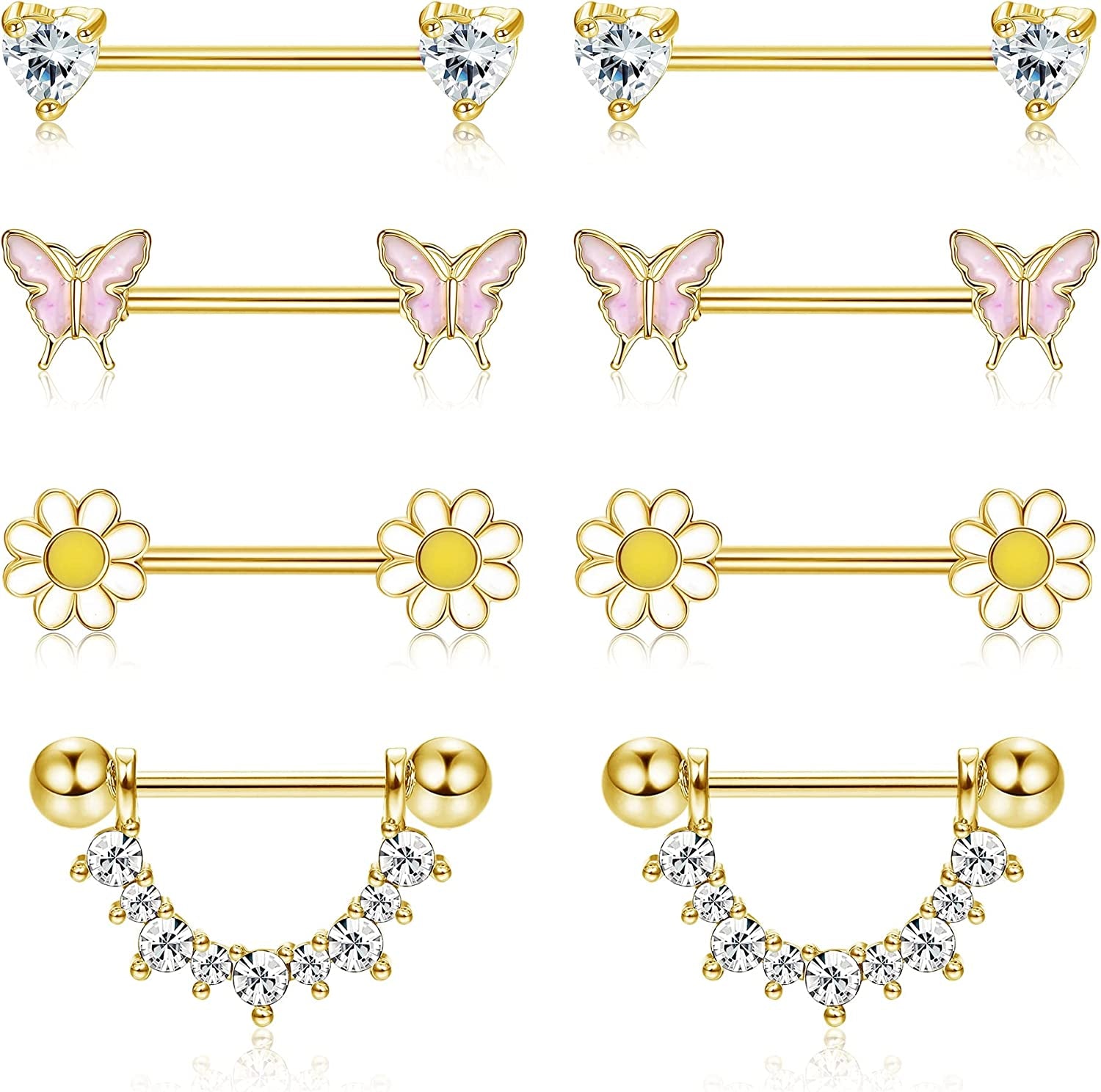 FINREZIO 4Pairs 14G Nipple Rings 316L Surgical Steel Flower Nipple Tongue Ring Barbell Piercing for Women Body Piercing Jewelry Apparel & Accessories > Jewelry > Body Jewelry FINREZIO Gold tone  