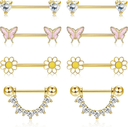 FINREZIO 4Pairs 14G Nipple Rings 316L Surgical Steel Flower Nipple Tongue Ring Barbell Piercing for Women Body Piercing Jewelry Apparel & Accessories > Jewelry > Body Jewelry FINREZIO Gold tone  