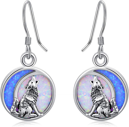 POPKIMI Christmas Gifts Dangle Earrings Frog/Wolf/Dragonfly/Dog Cat Pet Paw Print/Hummingbird /Sea Turtle/Sloth Dangle Drop Hook Earrings Opal Crystal Sterling Silver Cute Animal Dangle Earrings Animal Jewelry Birthday Christmas Gift Apparel & Accessories > Jewelry > Earrings POPKIMI Wolf Opal Moon  