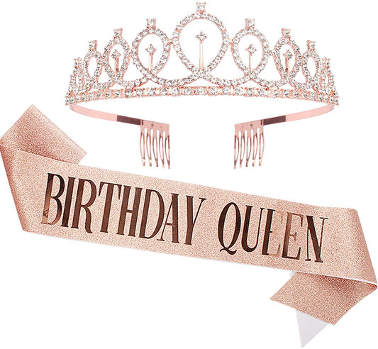CAVETEE Birthday Crown and Sash for Women Birthday Queen Sash & Rhinestone Tiara Set Birthday Tiaras and Sashes for Women Birthday Decorations Rose Gold Birthday Queen Crowns Tiaras for Women Apparel & Accessories > Clothing Accessories > Sashes CAVETEE Color1  