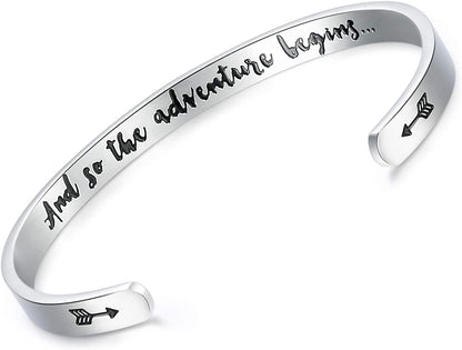 CERSLIMO Inspirational Gifts for Women Bracelet, Personalized Inspire Quotes Cuff Bangle Friendship Jewelry Graduation Encouragement Gift for Her Teen Girls Apparel & Accessories > Jewelry > Bracelets CERSLIMO And So The Adventure Begins…  