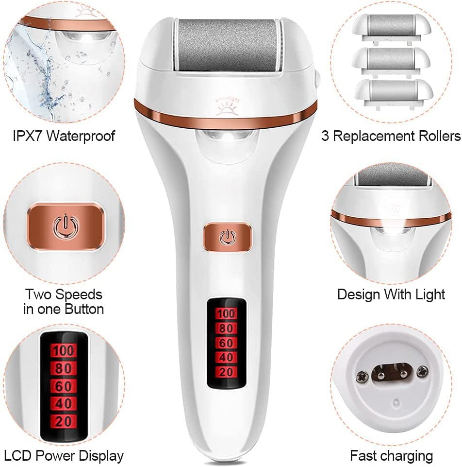 Electric Foot File Callus Remover for Feet, Rechargeable Pedicure Tools Foot Care Kit, Callus Remover with 3 Roller Heads,2 Speed,Battery Display for Remove Cracked Heels Calluses and Hard Skin Health & Beauty > Personal Care > Foot Care DanByte   