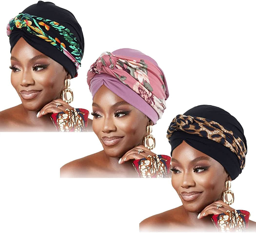 Woeoe Women'S African Head Wrap Black Floral Head Turbans Pre-Tied Leopard Print Head Cover Cap Headwear for Women Girls(Pack of 3) Apparel & Accessories > Clothing Accessories > Headwear Woeoe   