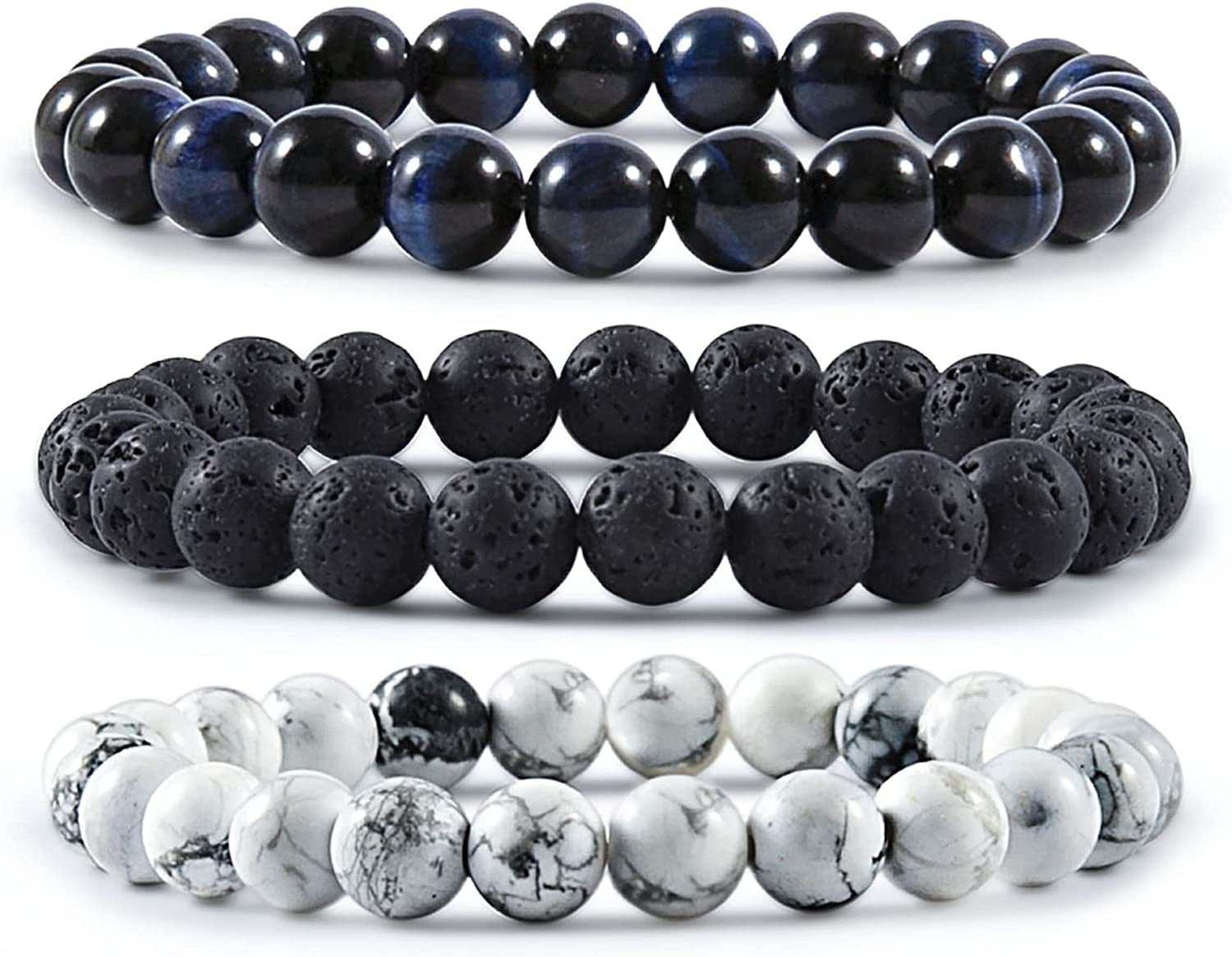 Bivei Natural Gem Semi Precious Reiki Healing Crystals Handmade 8Mm round Beads Stretch Bracelet Apparel & Accessories > Jewelry > Bracelets Bivei 3PCS SET(Black Tiger Eye+Lava Stone+White Turquoise)  