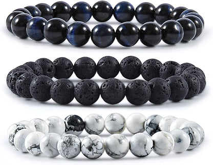 Bivei Natural Gem Semi Precious Reiki Healing Crystals Handmade 8Mm round Beads Stretch Bracelet Apparel & Accessories > Jewelry > Bracelets Bivei 3PCS SET(Black Tiger Eye+Lava Stone+White Turquoise)  