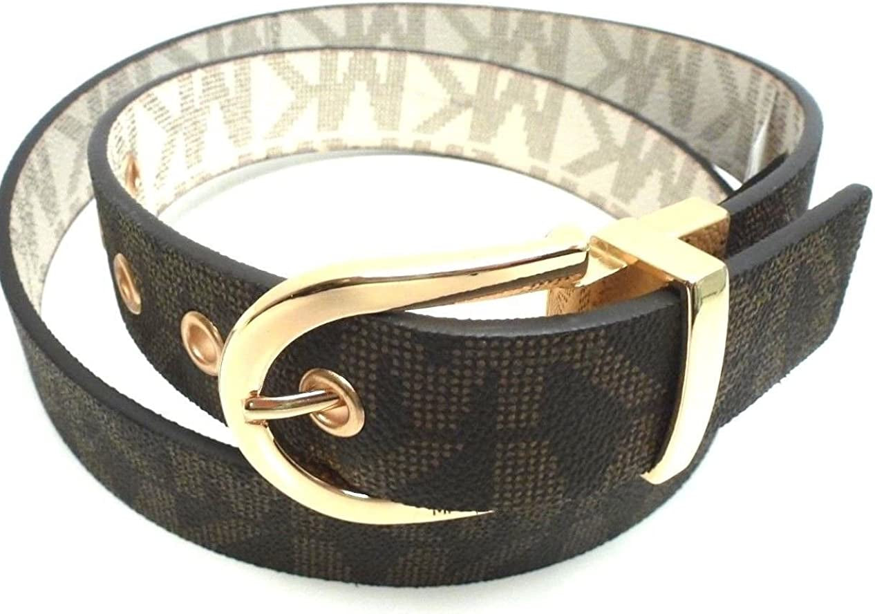 Michael Kors Women'S Mk Signature Monogram Logo Wide Belt Apparel & Accessories > Clothing Accessories > Belts Michael Kors Chocolate-vanilla/Gold Medium 