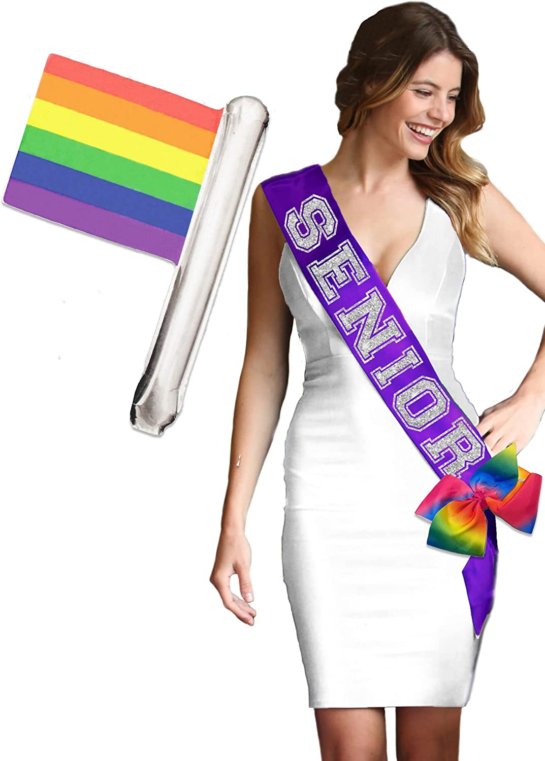 Rhinestonesash Senior Silver Glitter Purple Premium Quality Purple Satin Sash - Senior Night Supplies and Gifts - Purple Sash(Senior) Pur Apparel & Accessories > Clothing Accessories > Sashes RhinestoneSash Purple Senior (Rainbow Pride Bow & Balloon)  