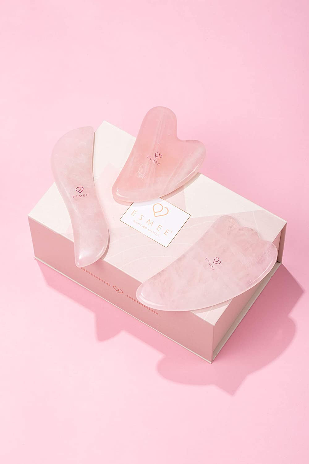 Rose Quartz Gua Sha Facial Tool Set by Esmee | 3 in 1 Premium Guasha Kit | 100% Real Rose Quartz Crystal | Anti-Aging Beauty Therapy for Massage and Skin Rejuvenation (Rose Quartz) Health & Beauty > Personal Care > Cosmetics > Cosmetic Tools > Skin Care Tools Esmee Beauty and Lifestyle   