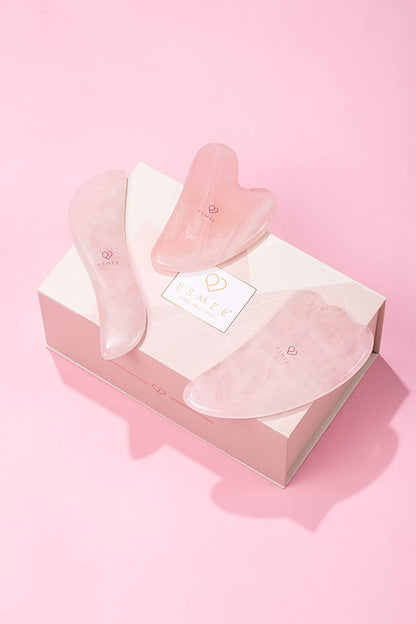 Rose Quartz Gua Sha Facial Tool Set by Esmee | 3 in 1 Premium Guasha Kit | 100% Real Rose Quartz Crystal | Anti-Aging Beauty Therapy for Massage and Skin Rejuvenation (Rose Quartz) Health & Beauty > Personal Care > Cosmetics > Cosmetic Tools > Skin Care Tools Esmee Beauty and Lifestyle   