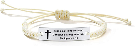 Personalized Unisex Religious Bible Verse Scripture Quotes Bracelet Faith Christian Adjustable Cord Stainless Steel Encourage Inspirational ID Bracelets for Men Women, Christmas Gift Customized Apparel & Accessories > Jewelry > Bracelets Mealguet Beige-I can do all things through christ...  