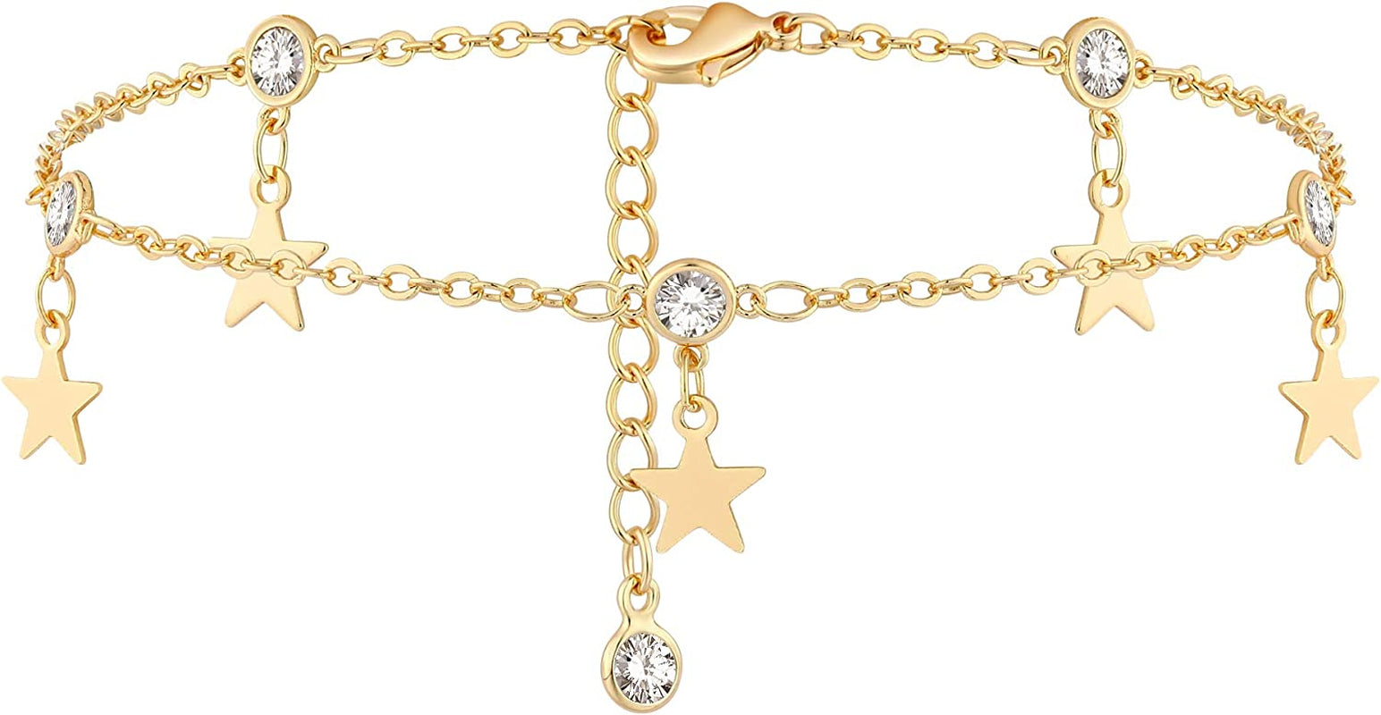 Gold Dainty Anklet,14K Gold Plated Boho CZ Star Beach Cute Pig Nose Tassel Disc Foot Chain Ankle Bracelet Lace Chain Anklet for Women… Apparel & Accessories > Jewelry > Anklets Mevecco CZ Star  