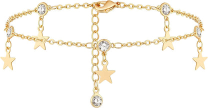 Gold Dainty Anklet,14K Gold Plated Boho CZ Star Beach Cute Pig Nose Tassel Disc Foot Chain Ankle Bracelet Lace Chain Anklet for Women… Apparel & Accessories > Jewelry > Anklets Mevecco CZ Star  
