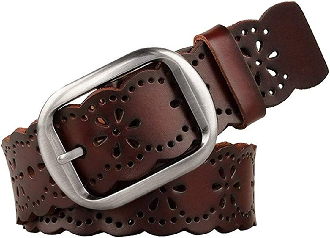 JASGOOD Women’S Hollow Flower Leather Belt for Jeans Pants Wide Belt for Ladies Apparel & Accessories > Clothing Accessories > Belts KYLIE MAX A-dark Brown Suitable for waist size 25-34" 