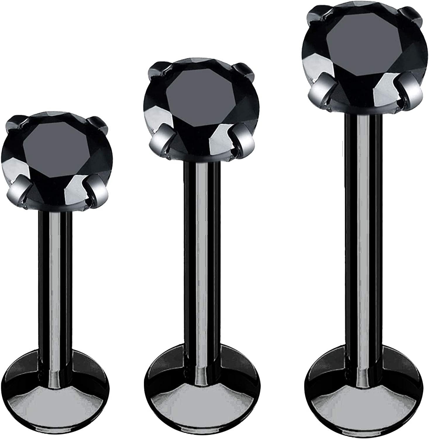 Bodyj4You 3PC Labret Tragus Stud Earrings | 16G Surgical Stainless Steel CZ Crystal | Monroe Helix Cartialge Conch Medusa Lip | Body Piercing Jewelry Set Apparel & Accessories > Jewelry > Body Jewelry BodyJ4You Black Steel, Black CZ  