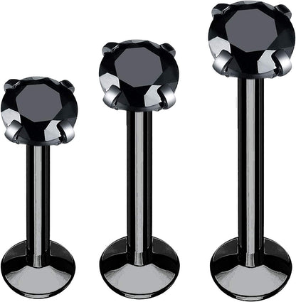 Bodyj4You 3PC Labret Tragus Stud Earrings | 16G Surgical Stainless Steel CZ Crystal | Monroe Helix Cartialge Conch Medusa Lip | Body Piercing Jewelry Set Apparel & Accessories > Jewelry > Body Jewelry BodyJ4You Black Steel, Black CZ  