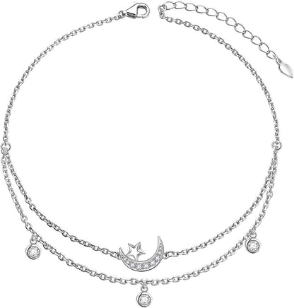 Star Moon Layered Anklet 925 Sterling Silver Sunflower Anklets for Women Girls Adjustable Beads Crescent Ankle Bracelet Boho Beach Foot Chain 9+1.5 Inch Charm Jewelry Birthday Gifts Apparel & Accessories > Jewelry > Anklets SilverSea Jewelry Star & Moon  