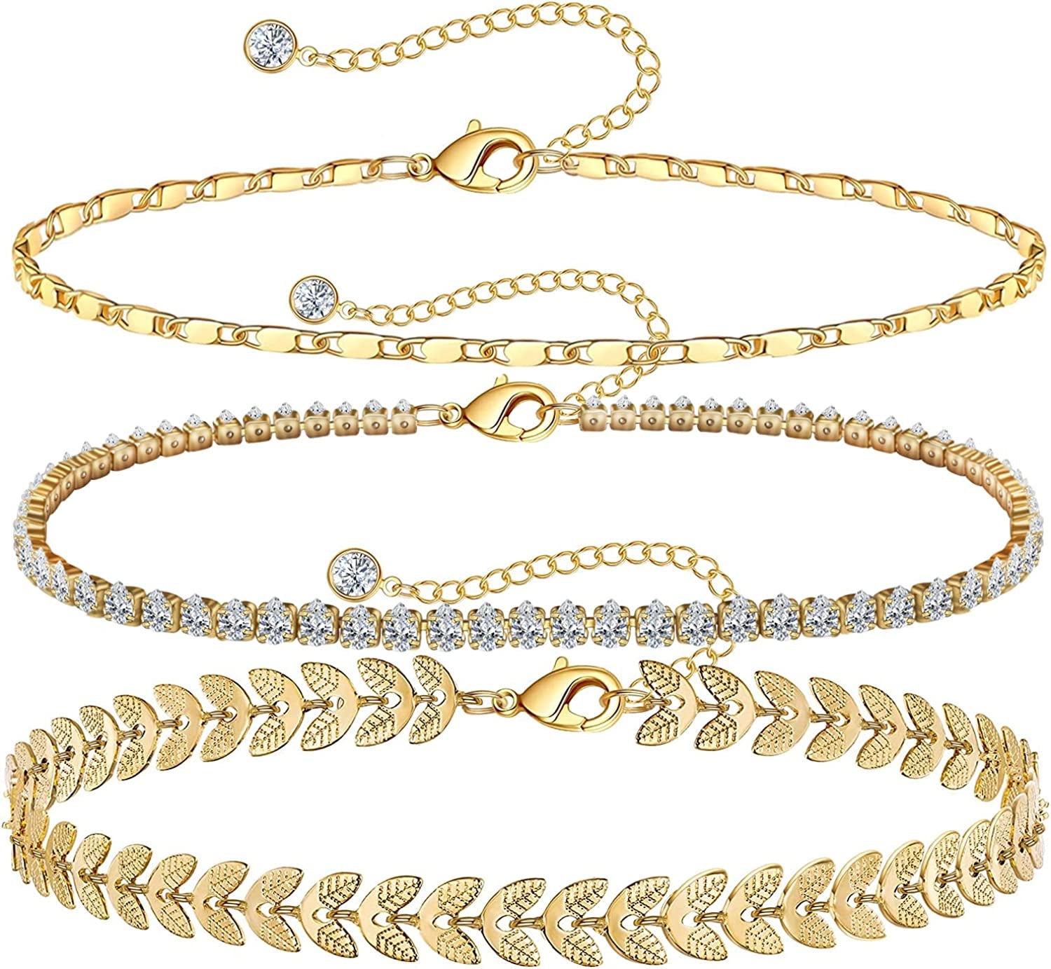 Gold Ankle Bracelets for Women 14K Gold Plated Anklet Silver Tennis Butterfly Star Coin Quartz Bead Snake Paperclip Chain Dainty Layered Anklet Set 3Pcs Jewelry Gifts for Teen Girls Apparel & Accessories > Jewelry > Anklets Vermeyen A-Yellow Gold-Tennis  