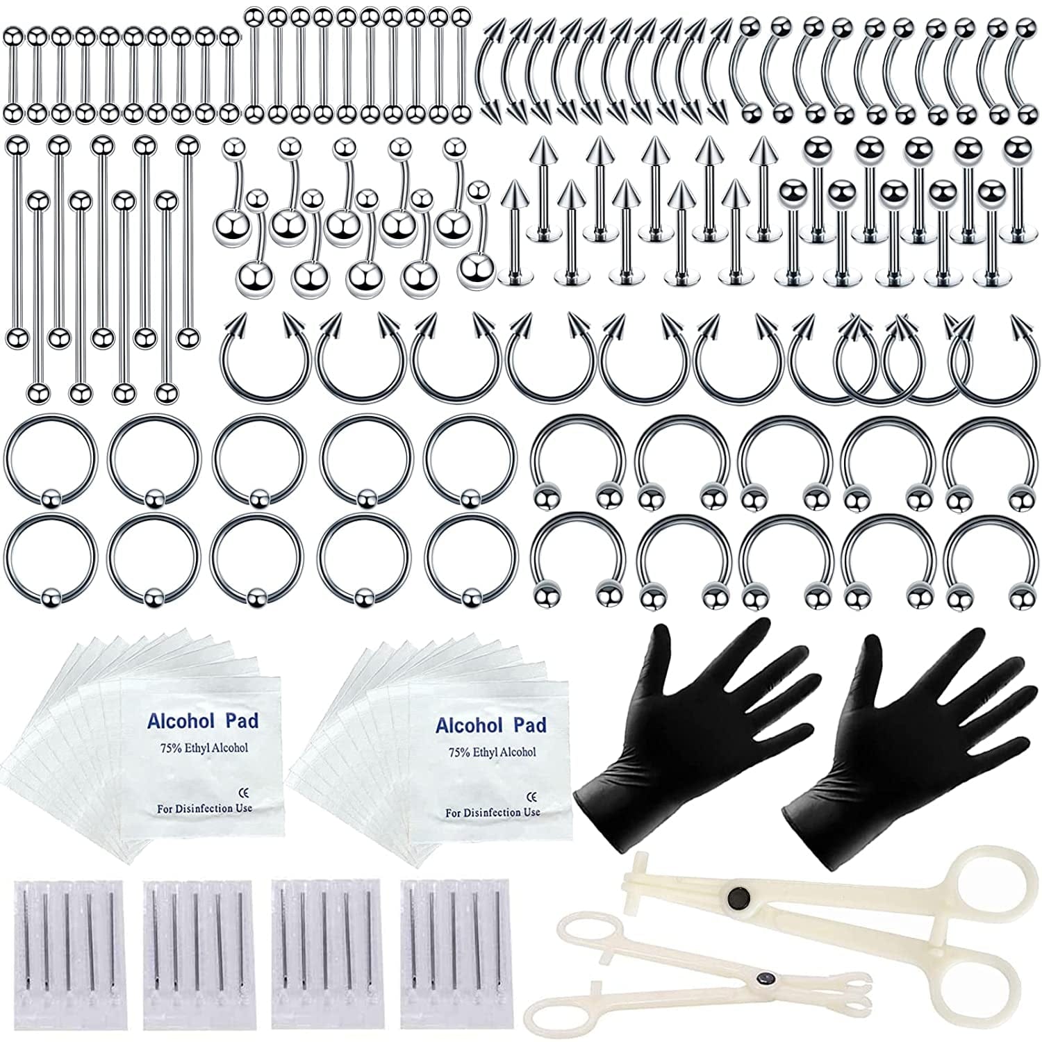94PCS Mixed-Pack Piercing Kits for All Body Piercings Stainless Steel 14G 16G 20G Jewelry and Piercing Needle with Piercing Tools 10Pcs Alcohol Pad for Nose Septum Lip Ear Belly Button Cartilage Tragus Apparel & Accessories > Jewelry > Body Jewelry Tustrion 154PCS  
