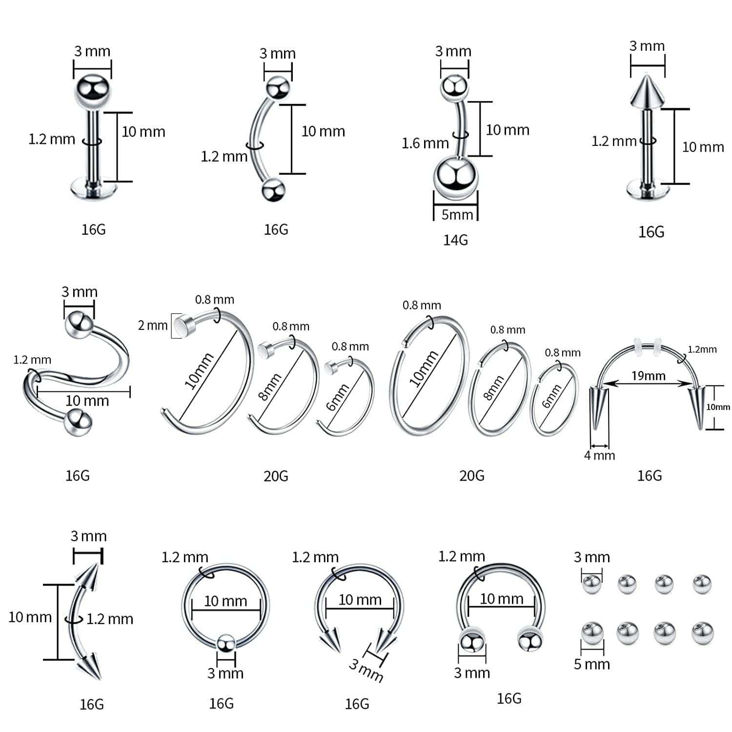 94PCS Mixed-Pack Piercing Kits for All Body Piercings Stainless Steel 14G 16G 20G Jewelry and Piercing Needle with Piercing Tools 10Pcs Alcohol Pad for Nose Septum Lip Ear Belly Button Cartilage Tragus Apparel & Accessories > Jewelry > Body Jewelry Tustrion   