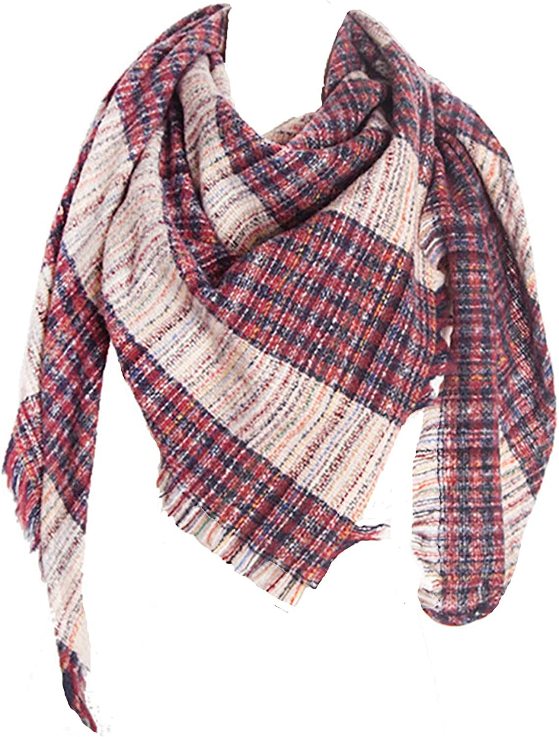 Wander Agio Womens Warm Scarf Triangle Shawls Winter Scarves Stripe Plaid Fichu Rough Surface Apparel & Accessories > Clothing Accessories > Scarves & Shawls Wander Agio Plaid Wine Red 21  