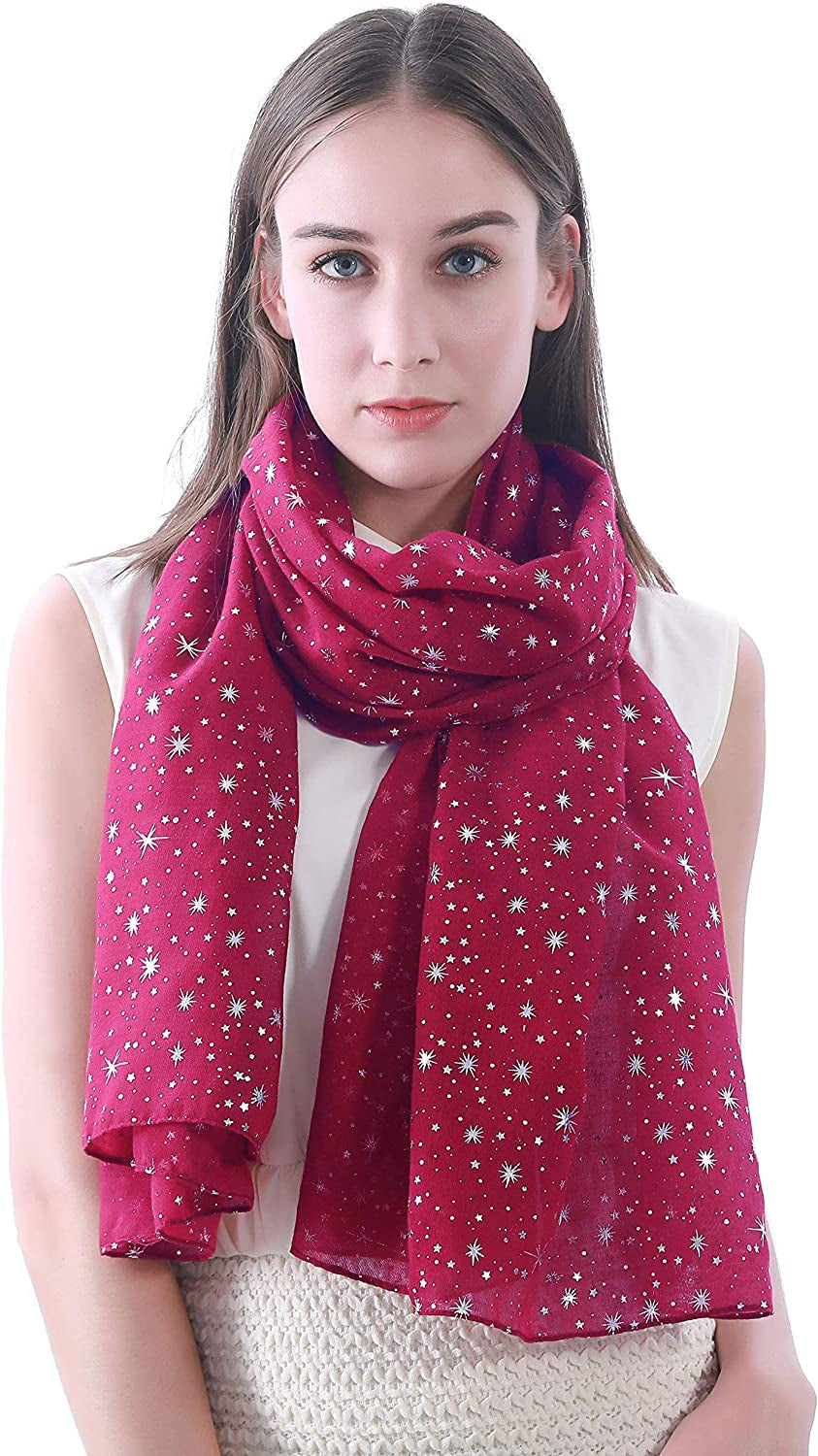 Lina & Lily Silver Gold Glitters Shimmer Foil Stars Women Scarf Shawl Wrap Apparel & Accessories > Clothing Accessories > Scarves & Shawls Lina & Lily Dark Pink (Silver Stars)  