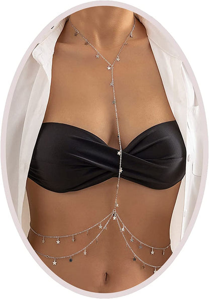 Silver/Gold Layered Waist Chains 26.7''/31.4''Adjustable Belly Chain Jewelry for Women Minimalist Beach Bikini Body Chain Apparel & Accessories > Jewelry > Body Jewelry Otxas silver-body chain-Star  
