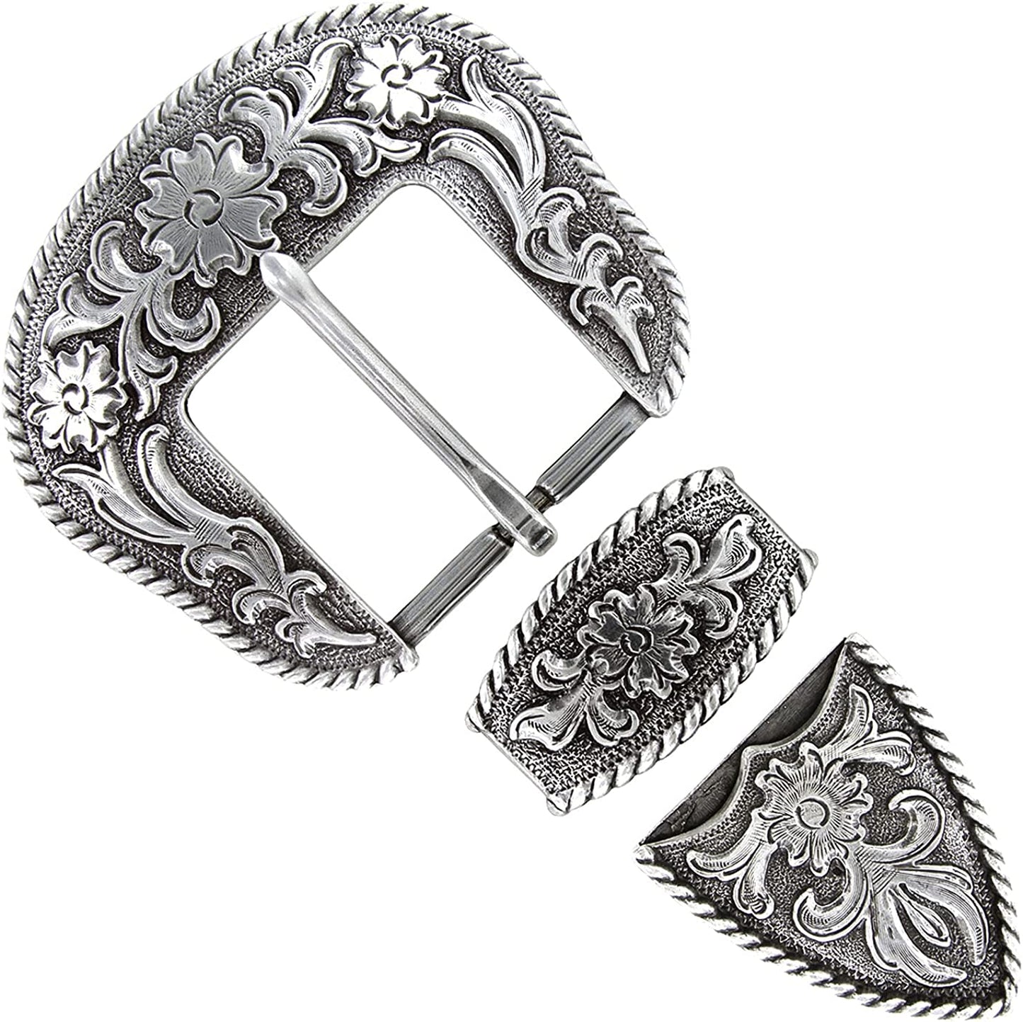 Cowboy Cowgirl Western Floral Engraved Replacement Belt Buckle Set Fits 1-1/2"(38Mm) Belt Strap Apparel & Accessories > Clothing Accessories > Belt Buckles Cowboy Craft Antique Silver  