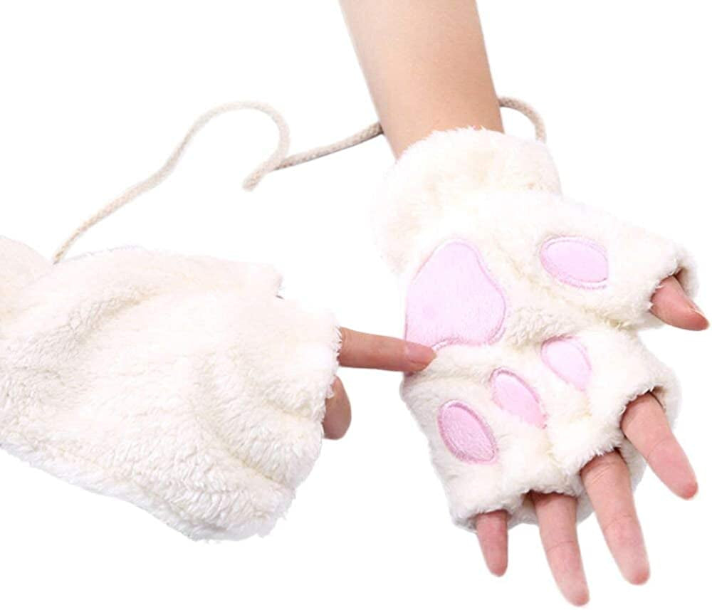 Roselan Cat Paw Gloves Fingerless Faux Fur Plush Gloves Mittens Winter Warm Half Finger Gloves Cute Cat Paw Cosplay Gloves (White, One Size) Apparel & Accessories > Clothing Accessories > Gloves & Mittens Roselan   