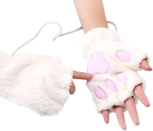Roselan Cat Paw Gloves Fingerless Faux Fur Plush Gloves Mittens Winter Warm Half Finger Gloves Cute Cat Paw Cosplay Gloves (White, One Size) Apparel & Accessories > Clothing Accessories > Gloves & Mittens Roselan   