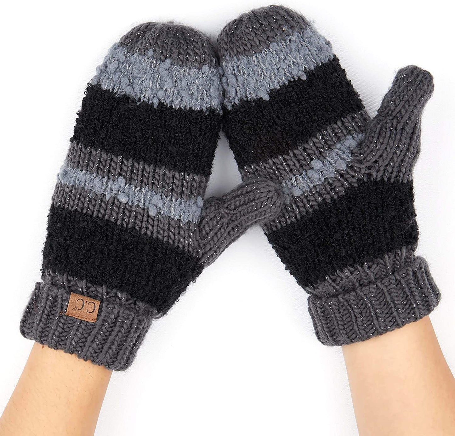 C.C Women Thick Knit Faux Fur Sherpa Fleece Lined Warm Winter Gloves Mittens (CG-36)(MT-008,25,715,816,1816,6245) Apparel & Accessories > Clothing Accessories > Gloves & Mittens C.C Striped(black)  