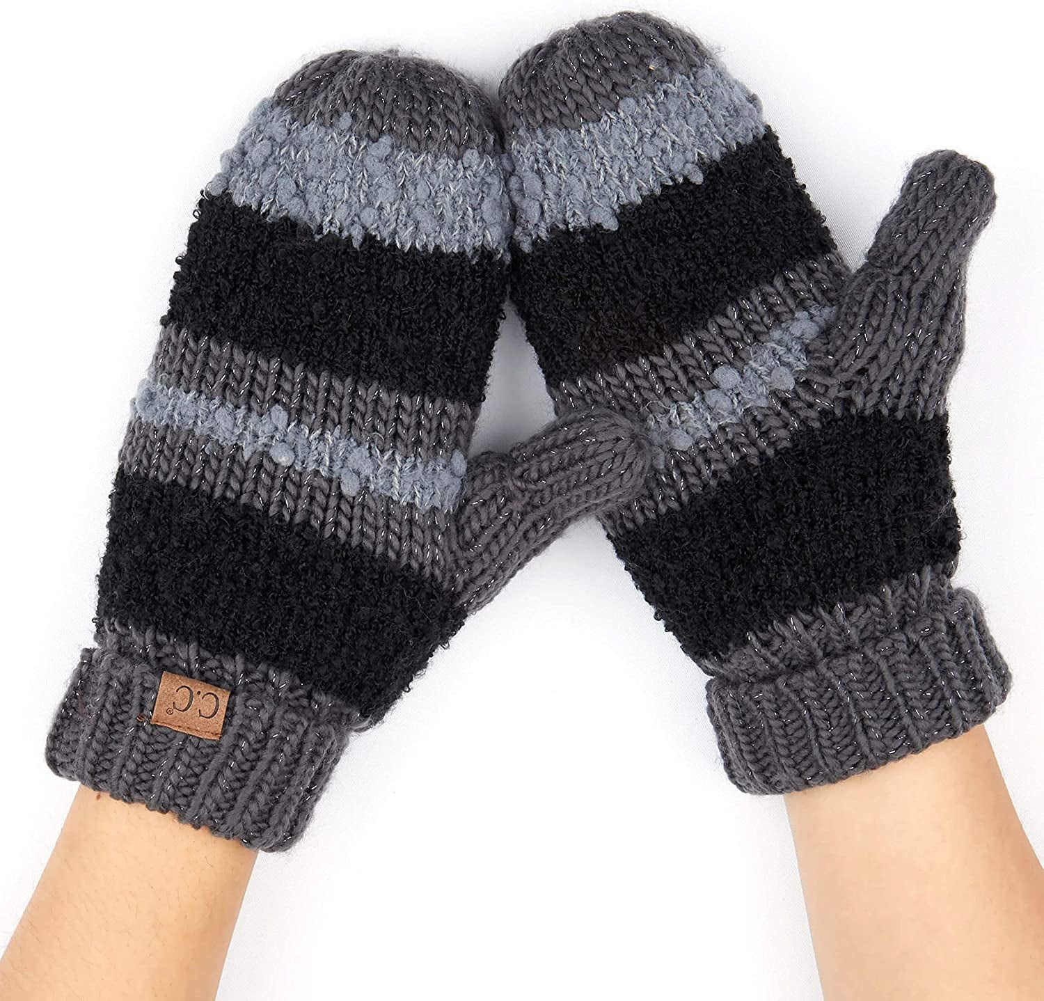 C.C Women Thick Knit Faux Fur Sherpa Fleece Lined Warm Winter Gloves Mittens (CG-36)(MT-008,25,715,816,1816,6245) Apparel & Accessories > Clothing Accessories > Gloves & Mittens C.C Striped(black)  