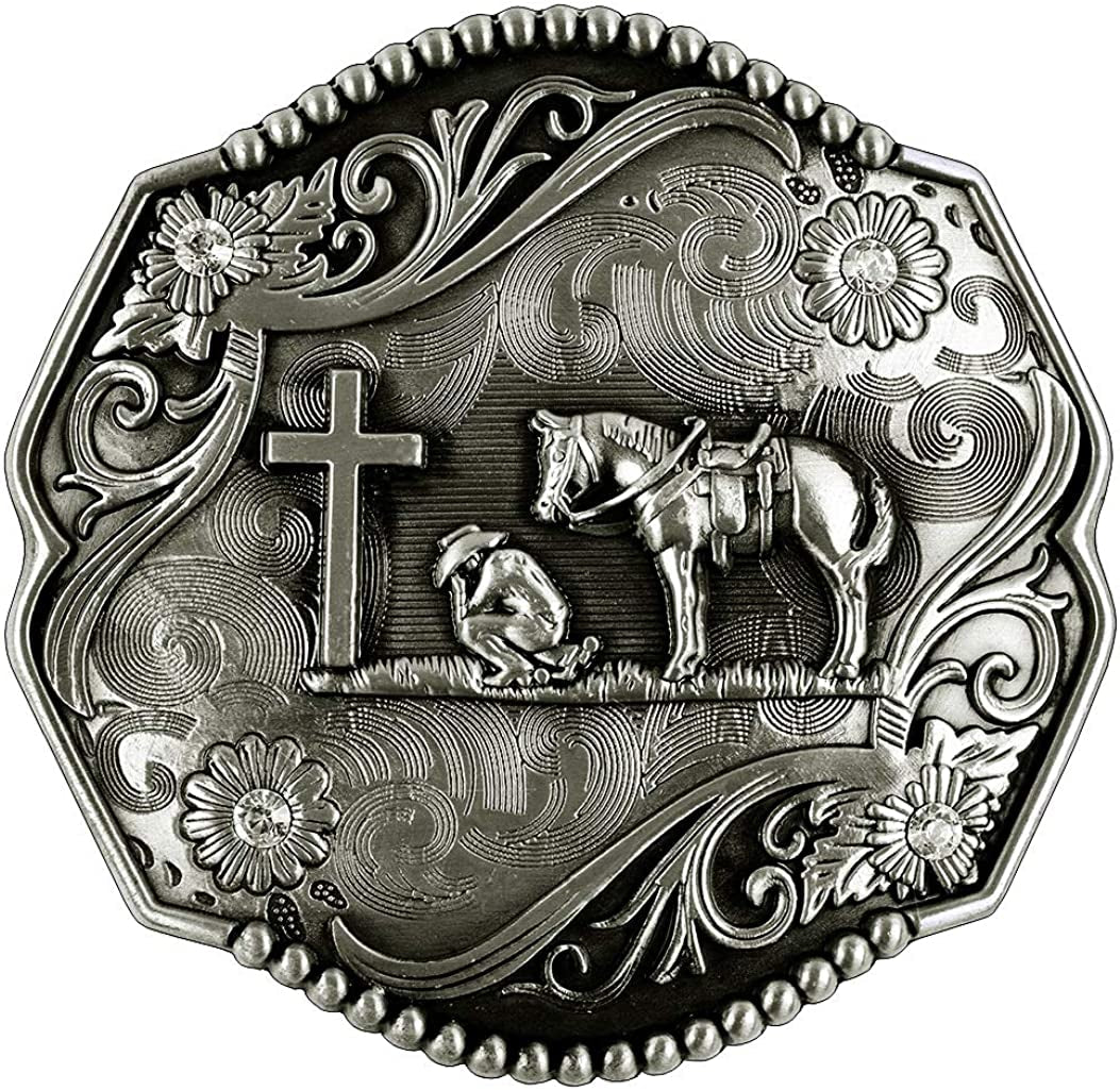 Moranse Religion Cross Cowboy Kneeling Prayer and Horse Design Belt Buckles Apparel & Accessories > Clothing Accessories > Belt Buckles Moranse Diamond Silver  