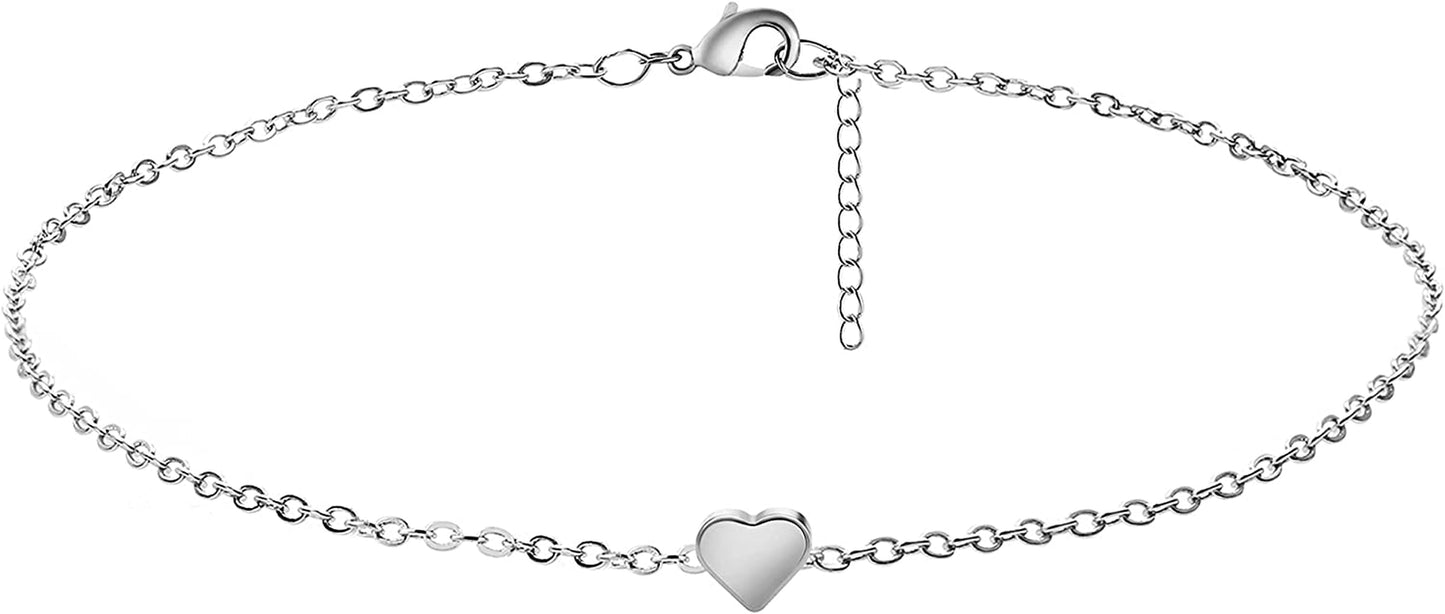 Kyerlyn Dainty Simple Chain Anklet for Women 18K Gold/Silver Plated Summer Beach Beaded Evil Eye Moon Figaro Butterfly Satellite Cuban Pearl Flat Marina Anklet Gift Apparel & Accessories > Jewelry > Anklets Kyerlyn Heart-White Gold  