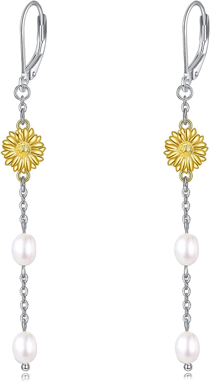 Daisy Earrings,Rose Earrings,Lotus Earrings,Sunflower Earrings Sterling Silver Gold Plated Filigree Flower Leverback Dangle Earrings for Women Girls Apparel & Accessories > Jewelry > Earrings LUHE Sunflower pearl earrings  