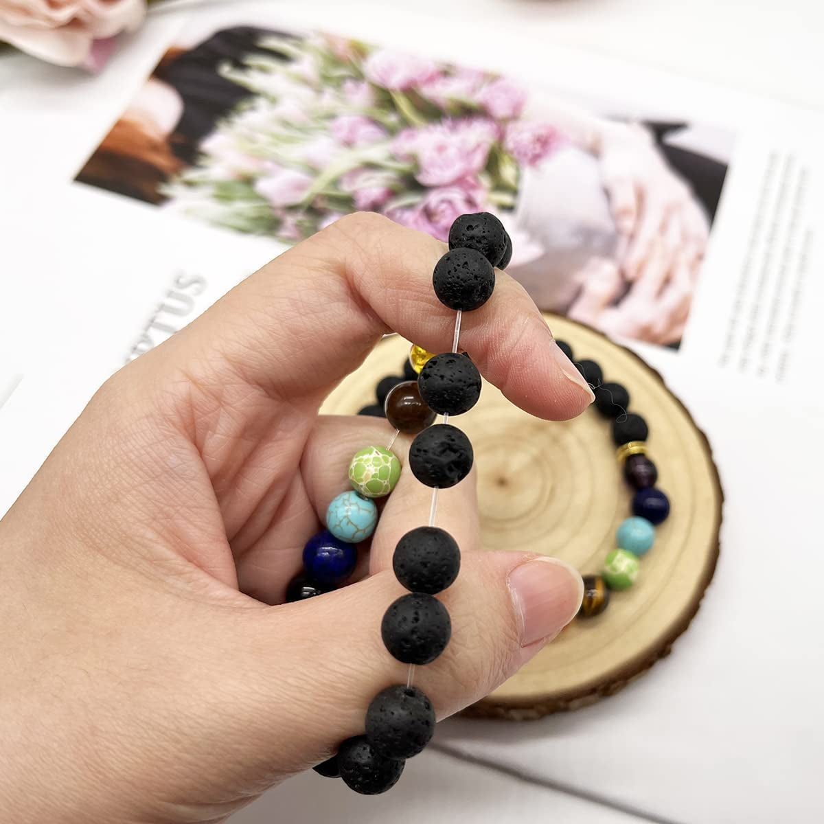 Svovin 1-14 Pcs Lava Rock 7 Chakra Energy Oil Diffuser Bracelet Set for Women Men Unisex Elastic 8Mm Stone Yoga Beaded Bracelets Jewelry with Lucky Healing Apparel & Accessories > Jewelry > Bracelets Svovin   