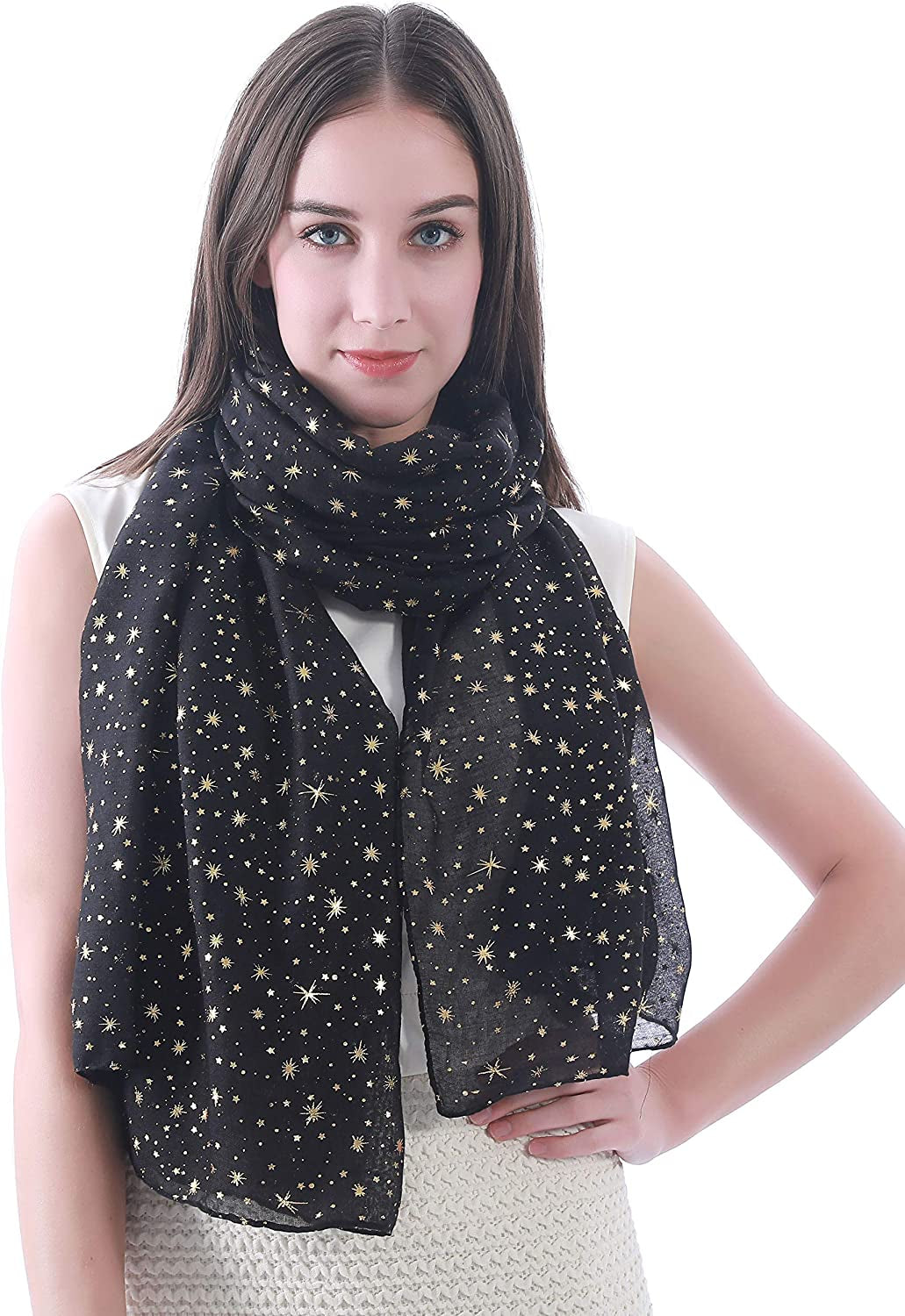 Lina & Lily Silver Gold Glitters Shimmer Foil Stars Women Scarf Shawl Wrap Apparel & Accessories > Clothing Accessories > Scarves & Shawls Lina & Lily Black (Gold Stars)  