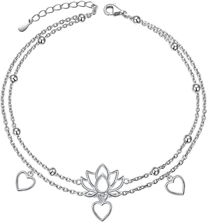 Flyow Anklet for Women S925 Sterling Silver Adjustable Foot Beaded Heart Charm Ankle Bracelet Anklets Jewelry Apparel & Accessories > Jewelry > Anklets FLYOW lotus  