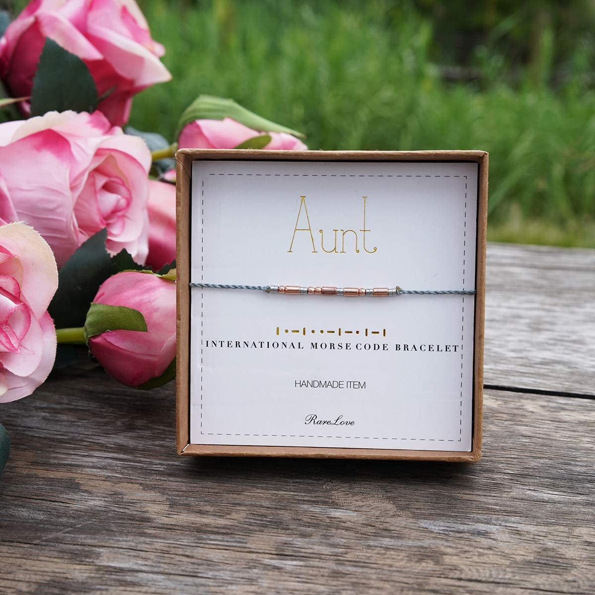 Rarelove Aunt Morse Code Bracelets Best Aunt Christmas Gift Women Girls Rose Golden Beads Grey String Bracelet Apparel & Accessories > Jewelry > Bracelets RareLove   