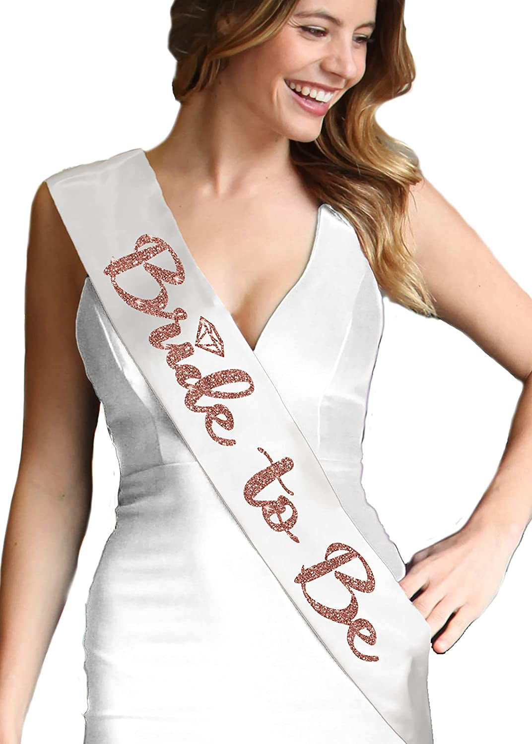 Bride Rose Gold Bridal Shower Set - BRIDAL GRADE SATIN White Sash & Rose Gold Diamond Bride Headband, Bride Kit, Bridal Giftset (B2B & HB Rsgld)Wht Apparel & Accessories > Clothing Accessories > Sashes RhinestoneSash   