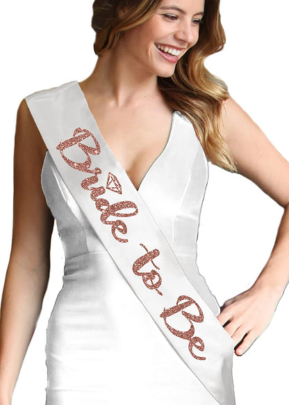 Bride Rose Gold Bridal Shower Set - BRIDAL GRADE SATIN White Sash & Rose Gold Diamond Bride Headband, Bride Kit, Bridal Giftset (B2B & HB Rsgld)Wht Apparel & Accessories > Clothing Accessories > Sashes RhinestoneSash   