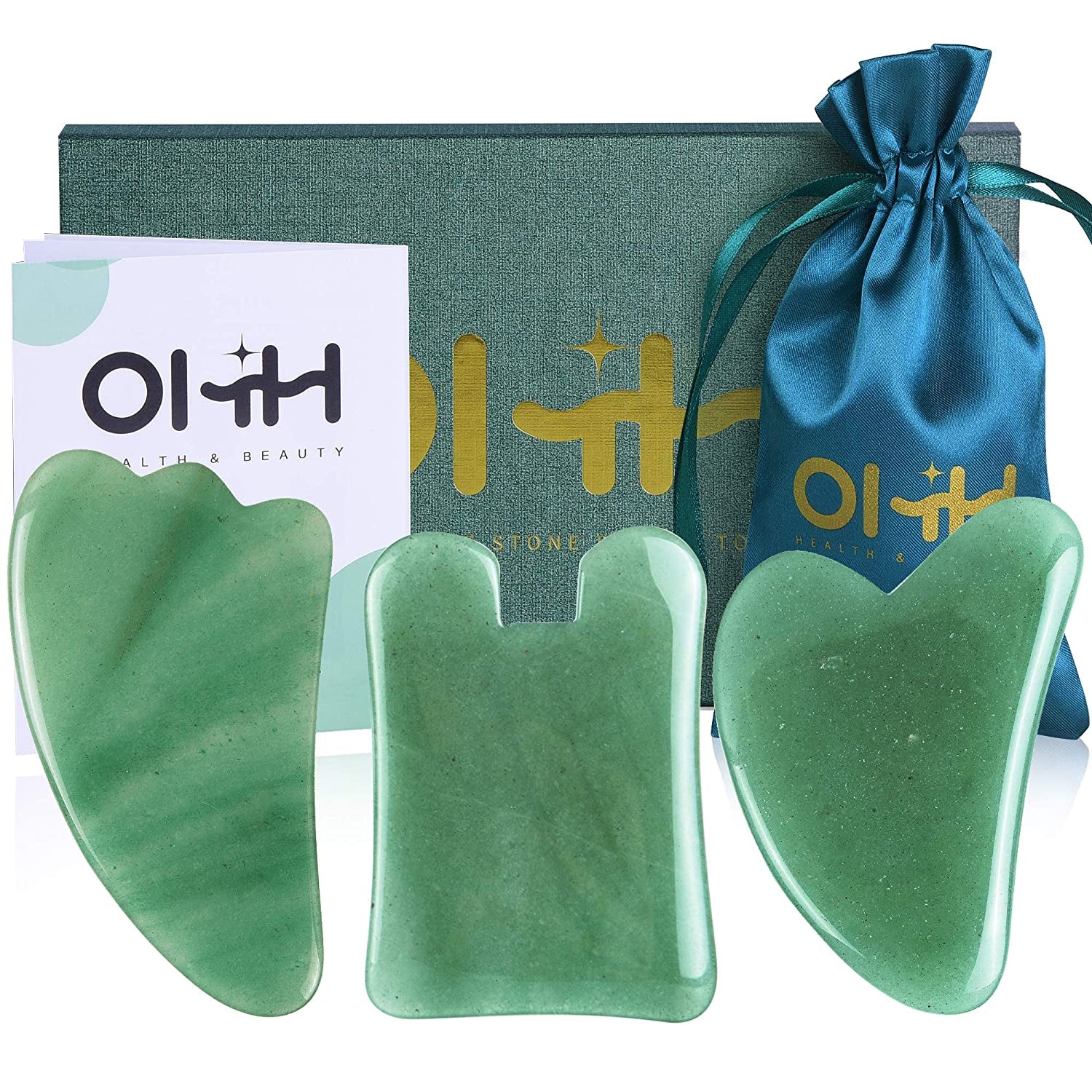 Gua Sha Facial Tools Set, OHH Rose Quartz Gua Sha Scraping Massage Tool for SPA Acupuncture Therapy Trigger Point Treatment, Face Massager for Facial Skincare, Pack of 3 Health & Beauty > Personal Care > Cosmetics > Cosmetic Tools > Skin Care Tools OHH Green  