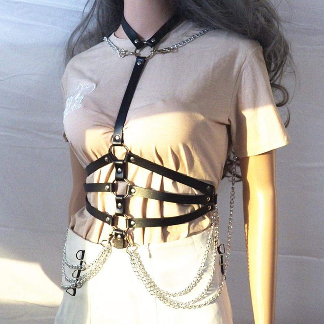 Asooll Punk Leather Body Chains Tassel Black Waist Belt Chain Beach Body Chain Bra Fashion Harness Charm Body Accessories Jewelry for Women and Girls Apparel & Accessories > Jewelry > Body Jewelry Asooll   