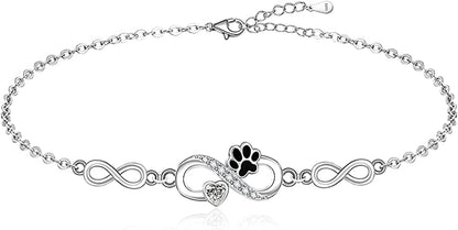 Paw Print Anklet S925 Sterling Silver Infinity Heart Puppy Dog Cat Ankle Bracelets for Women Girls Beach Pet Barefoot Paws Hawaiian Boho Cute Adjustable Anklets Mothers Day Gifts Apparel & Accessories > Jewelry > Anklets Fenthring   