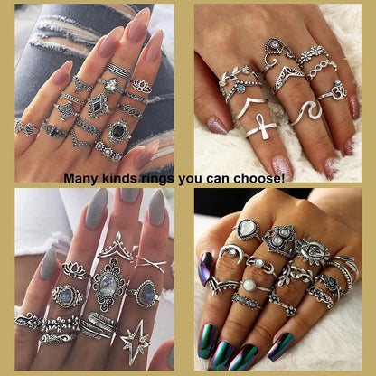 95Pcs Vintage Silver Knuckle Rings Set for Women Girls Teen, Bohemian Stackable Joint Finger Midi Rings Jewelry Set Pack