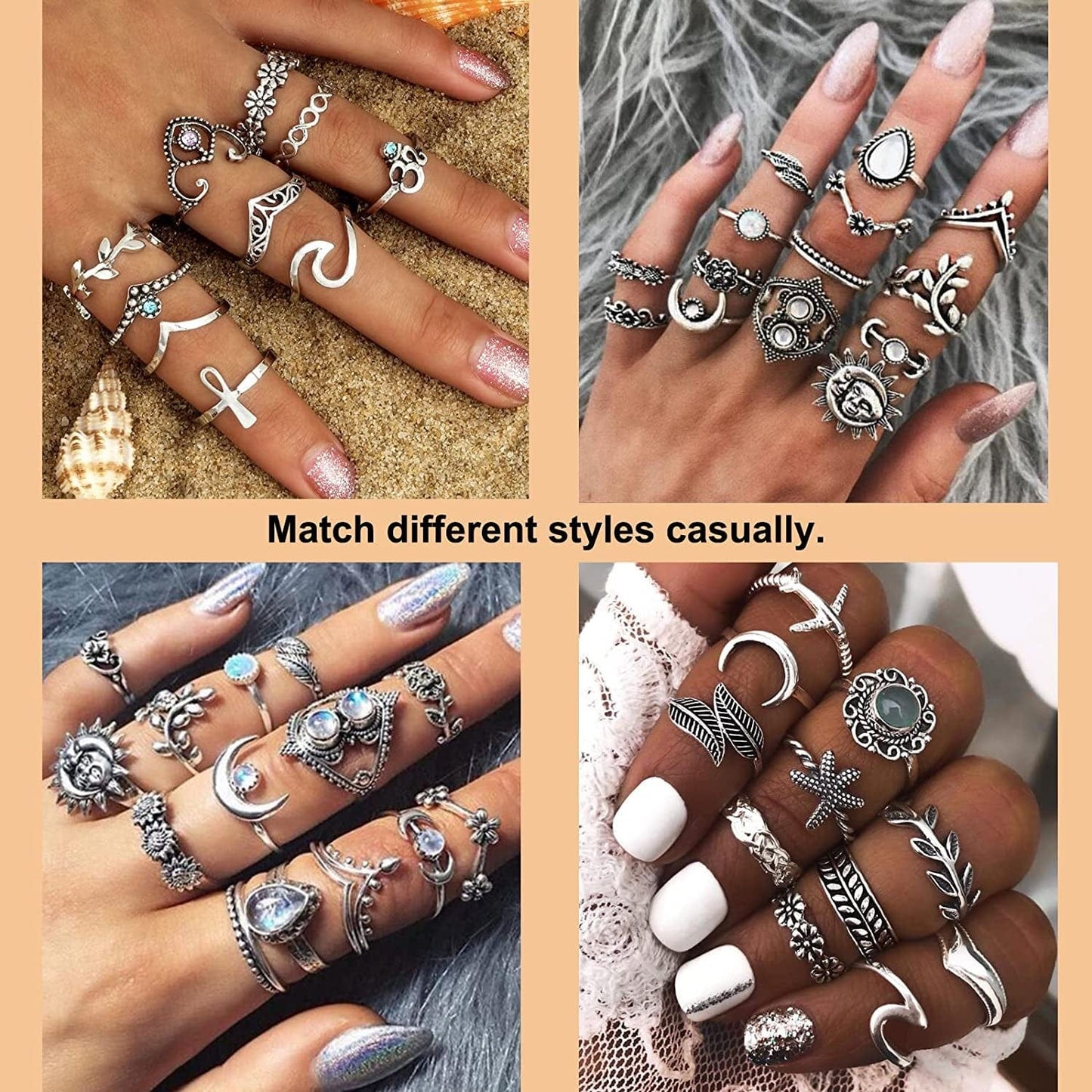 95Pcs Vintage Silver Knuckle Rings Set for Women Girls Teen, Bohemian Stackable Joint Finger Midi Rings Jewelry Set Pack