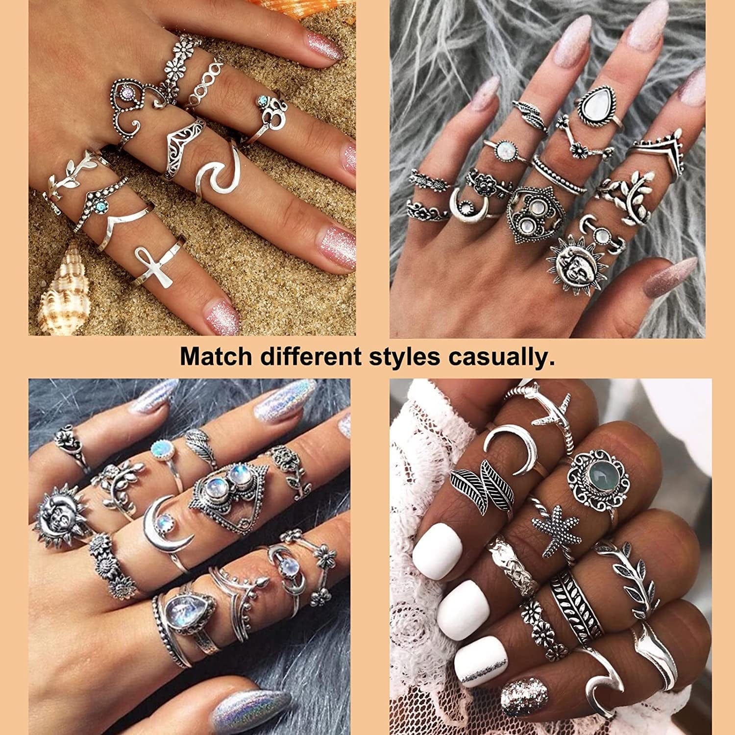 95Pcs Vintage Silver Knuckle Rings Set for Women Girls Teen, Bohemian Stackable Joint Finger Midi Rings Jewelry Set Pack