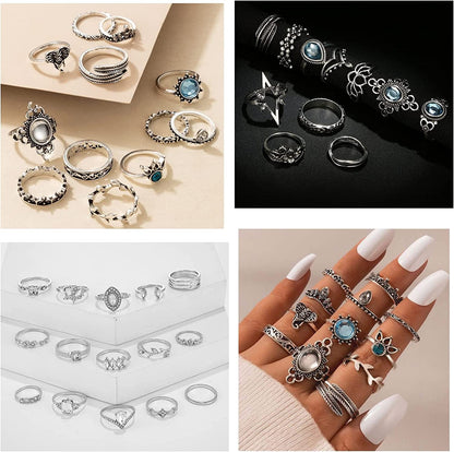 95Pcs Vintage Silver Knuckle Rings Set for Women Girls Teen, Bohemian Stackable Joint Finger Midi Rings Jewelry Set Pack
