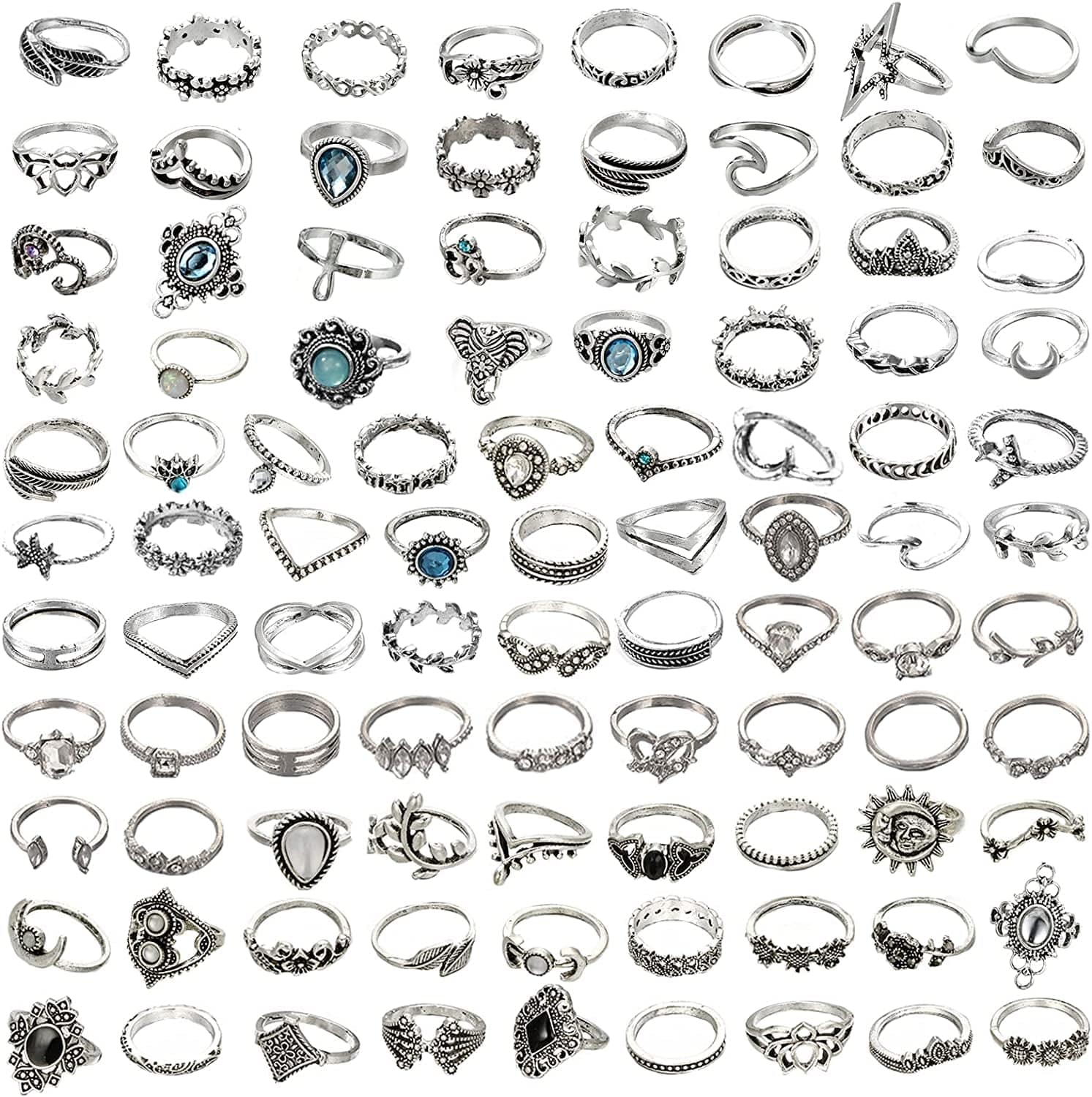 95Pcs Vintage Silver Knuckle Rings Set for Women Girls Teen, Bohemian Stackable Joint Finger Midi Rings Jewelry Set Pack